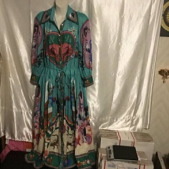 Green Colorful Art Long Balloon Sleeve Collar Button Down Midi Shirt Dress XL - Picture 5 of 16